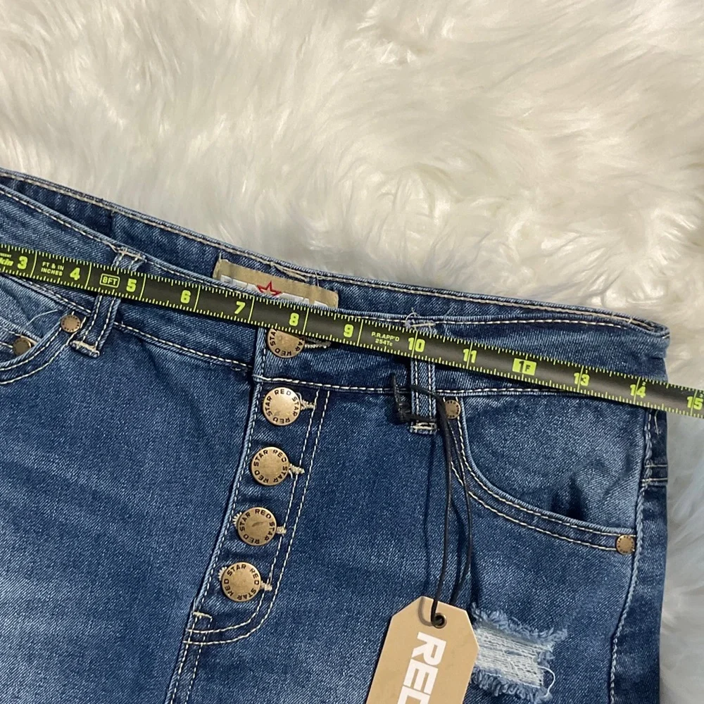 Red Star Button-Front Medium Blue Distressed Denim Mini Skirt Size 2 - Picture 14 of 16